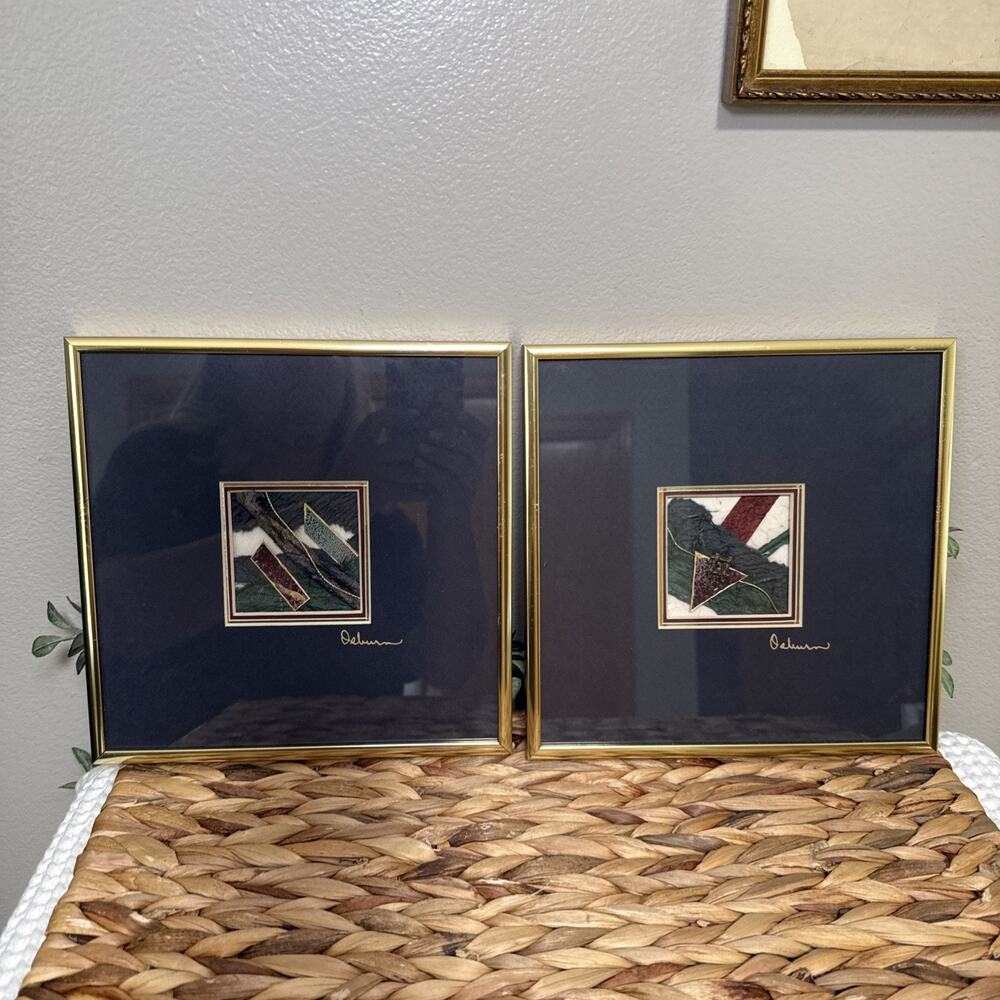 Pair Signed Carole Osburn Mixed Media Fiber Art Framed Abstract Wall Art Vtg